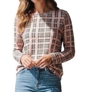 Chicos size 1 Pink Brown Houndstooth Plaid Cotton Long Sleeve Top Small Womens